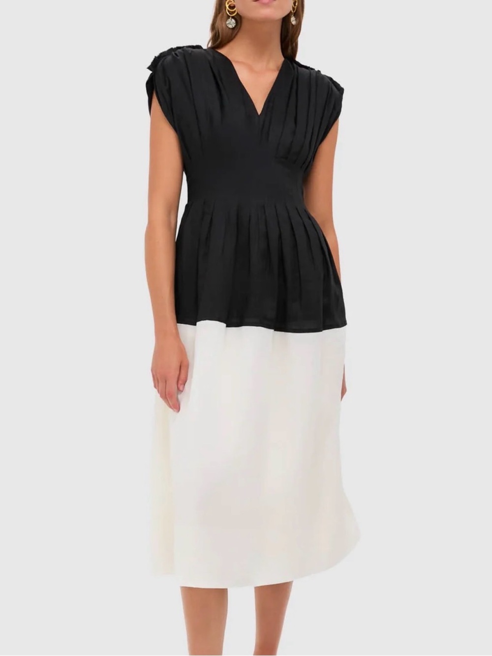 Sea New York Black and White Pleated V‑Neck Midi Dress